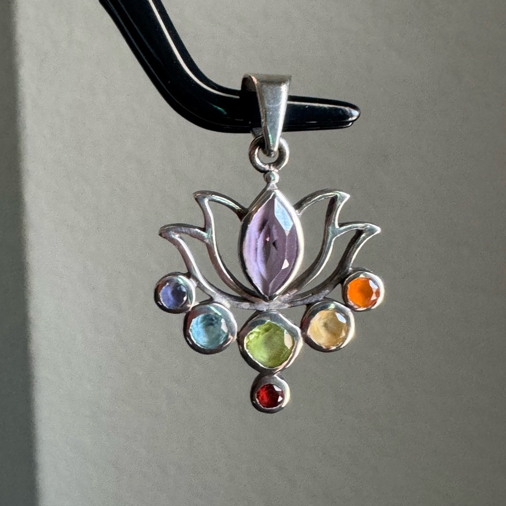 Silver Lotus Pendant with Multicolor Gemstones